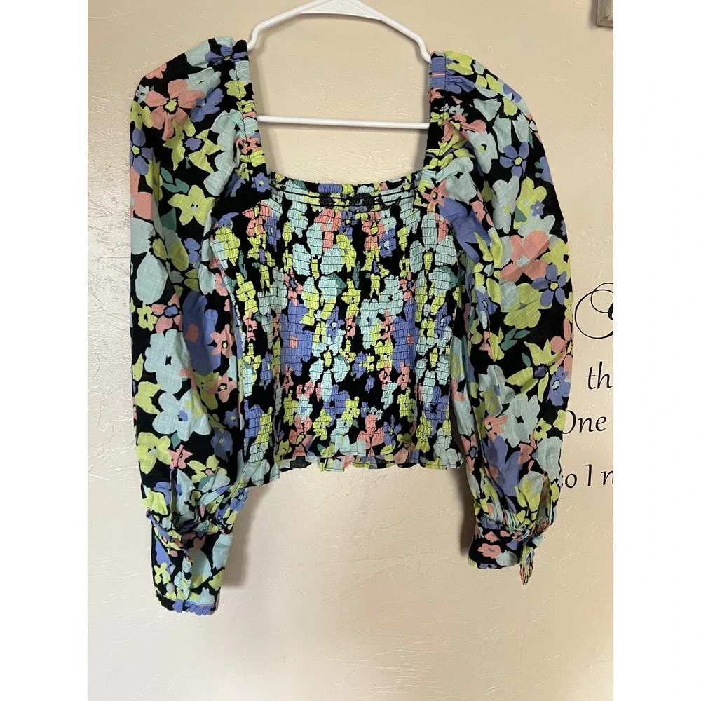 Free People Smocked Floral Puff Sleeve Top Black Motif Ariana Womens XS NEW